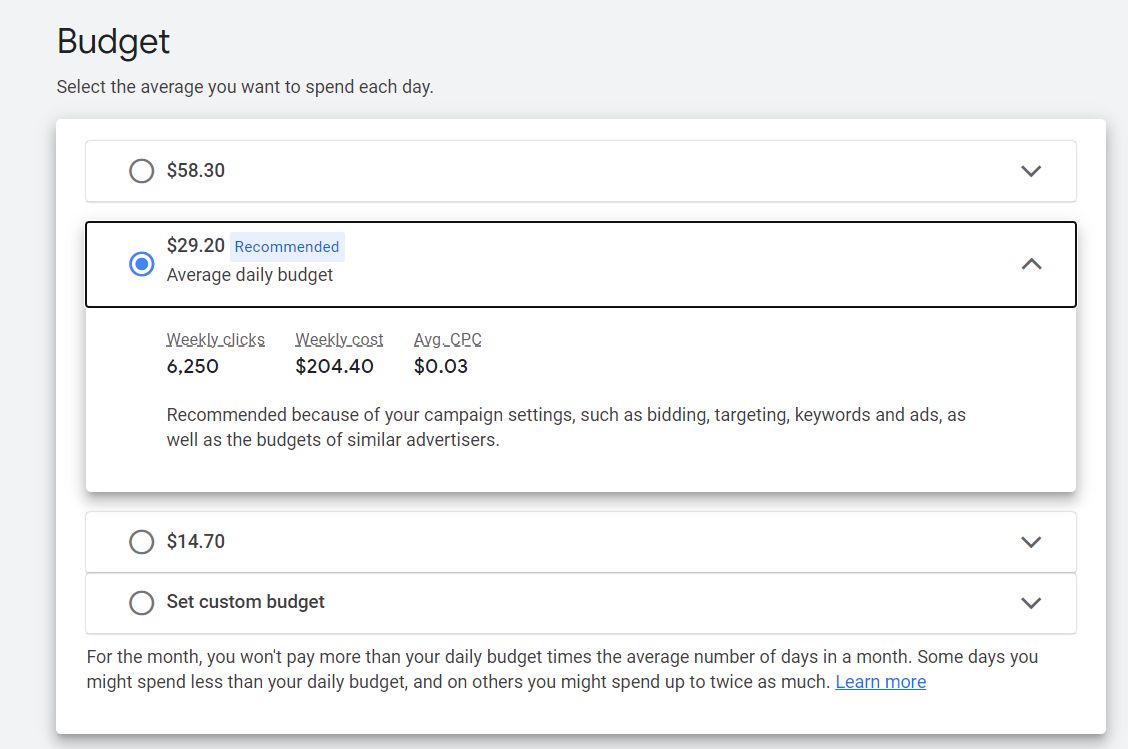 Setting daily budget in Google ads